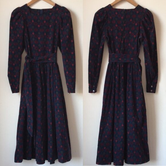 Laura Ashley Vintage Diamond/Floral Corduroy Dress Navy/Red/Green w/Belt Sz US 8 - Picture 7 of 17